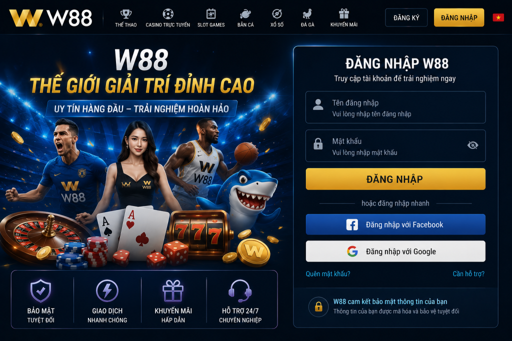 Giao diện đăng nhập W88 trên máy tính với thiết kế hiện đại